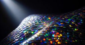 Macro close-up of iridescent sequin fabric catching a diagonal beam of light with rainbow prismatic glints and spectral highlights on a dark background