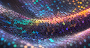 Extreme macro of iridescent holographic sequin fabric with prismatic teal violet rose and gold light refractions on a dark backdrop