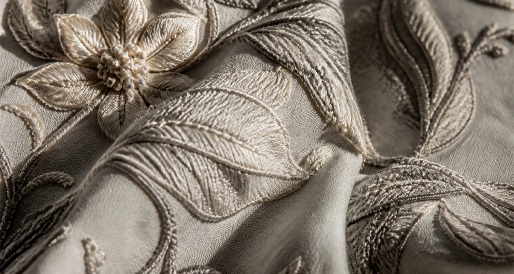 Macro close-up of sculptural 3D embroidery texture with dramatic light and shadow