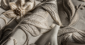 Macro close-up of sculptural 3D embroidery texture with dramatic light and shadow