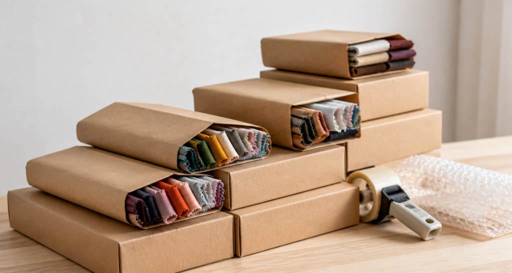 Plain kraft-brown parcel boxes with colorful fabric swatch samples and shipping supplies on a clean wooden shipping desk