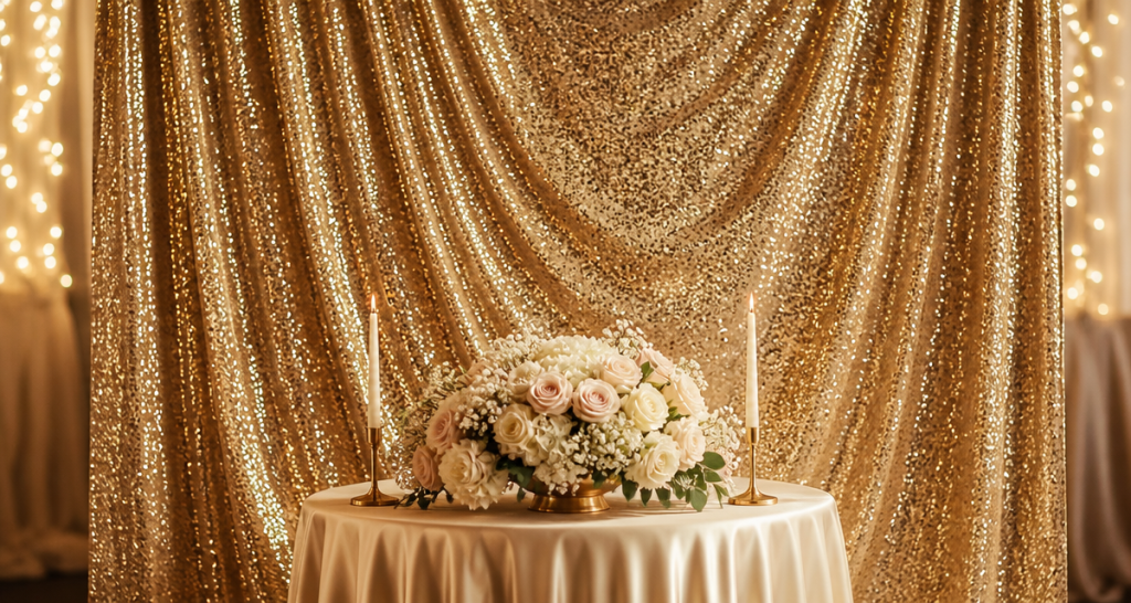 Gold sequin backdrop wall with a round table in champagne satin, a cream and blush rose centerpiece with lit taper candles and warm bokeh lights
