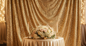 Gold sequin backdrop wall with a round table in champagne satin, a cream and blush rose centerpiece with lit taper candles and warm bokeh lights