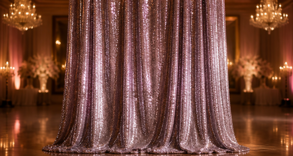 Rose gold sequin backdrop fabric draped in an elegant ballroom setting for event planners