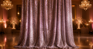 Rose gold sequin backdrop fabric draped in an elegant ballroom setting for event planners