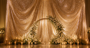 Champagne-gold sequin backdrop fabric draped behind a wedding arch with candlelight bokeh and white floral arrangement
