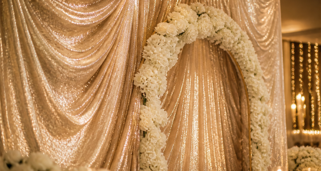 Champagne-gold sequin fabric backdrop draped in elegant waves behind a white floral wedding arch with warm candlelight bokeh