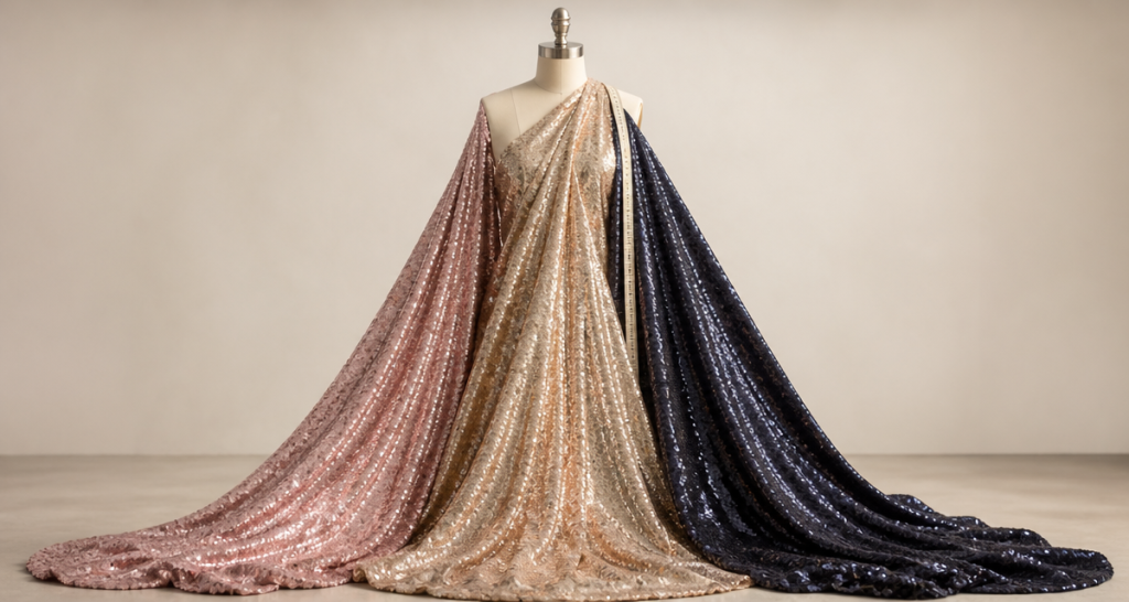 Three draped sequin fabric panels in blush pink, champagne gold and midnight navy on a dress form with a hanging tailor's measuring tape, elegant atelier studio