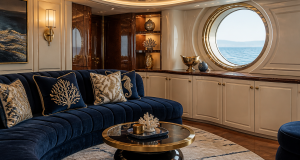 Luxurious yacht interior with embroidered decorative pillows on a blue velvet sofa