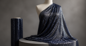 Deep navy sequin evening-gown fabric with silver sequin stripes draped over a dress form beside a matching fabric roll on a studio pedestal