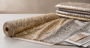 Champagne-gold and silver sequin fabric measured by the yard on a bright worktable with a tailor tape, fabric roll and folded panels