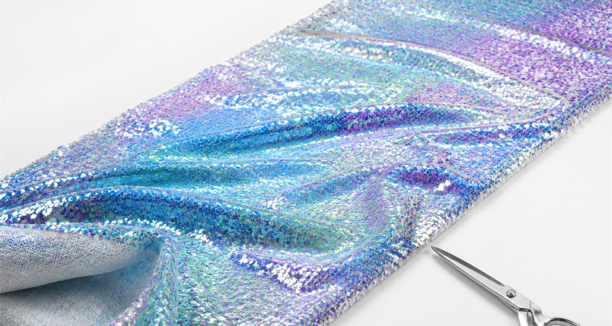 Unfolded length of iridescent sequin fabric laid diagonally with a pair of scissors for wholesale by-the-yard fabric buying