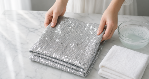 Hands gently folding a silver sequin fabric panel on a marble surface beside a glass bowl of soapy water and folded white towels