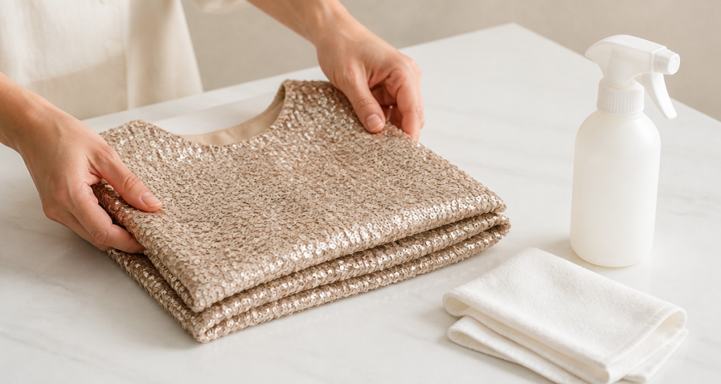 Hands gently folding champagne sequin fabric with a plain spray bottle and soft cloth on a clean care station