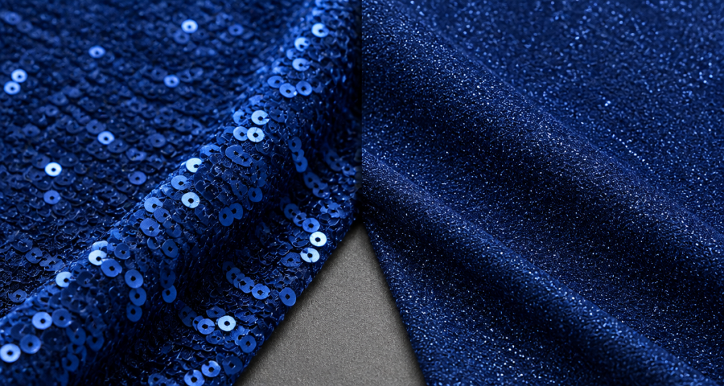 Side-by-side comparison of deep sapphire stitched sequin fabric and smooth glitter powder fabric for evening wear