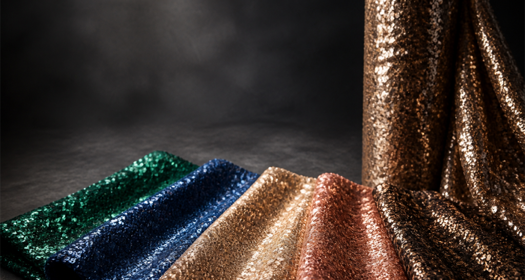 Fanned sequin fabric swatches in emerald, sapphire, champagne and rose gold beside a rolled sequin bolt for 2026/27 market quality and customization sourcing