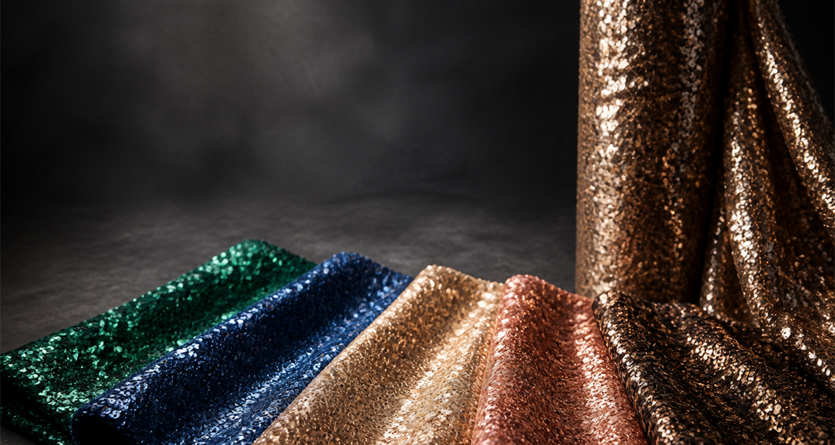 Fanned sequin fabric swatches in emerald, sapphire, champagne and rose gold beside a rolled sequin bolt