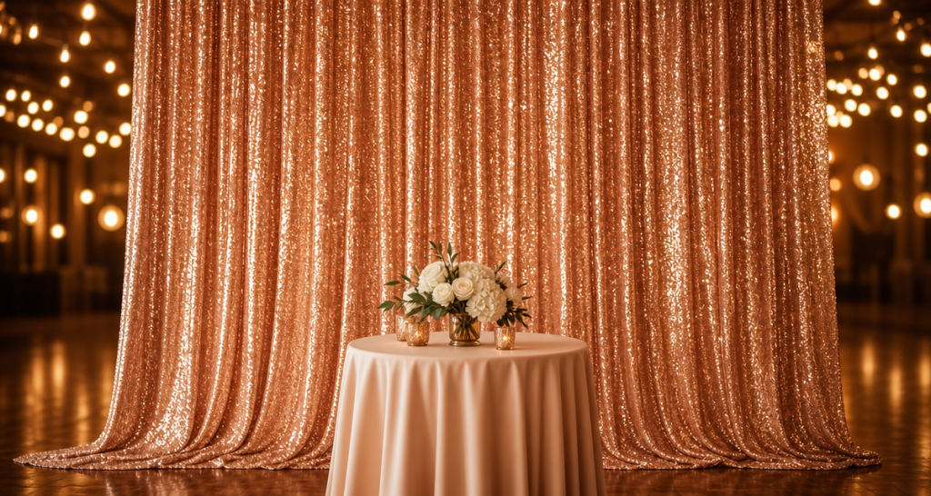 Floor-to-ceiling rose-gold sequin fabric backdrop wall with blurred warm string lights and a small cocktail table with white flowers in the foreground of an event space