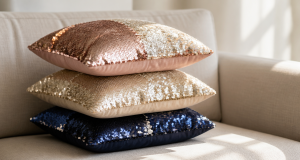 Stack of rose gold champagne and navy sequin pillow covers with reversible color-changing sequin texture on a linen sofa