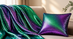 Mermaid iridescent sequin pillow fabric with color-shifting sequins displayed in a soft studio setting