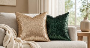 Two plush sequin throw pillows in champagne-gold and deep emerald green on a cream linen sofa in a bright living room, a chunky cream knit throw draped on the armrest, a ceramic vase with greenery on a light oak side table, soft window light