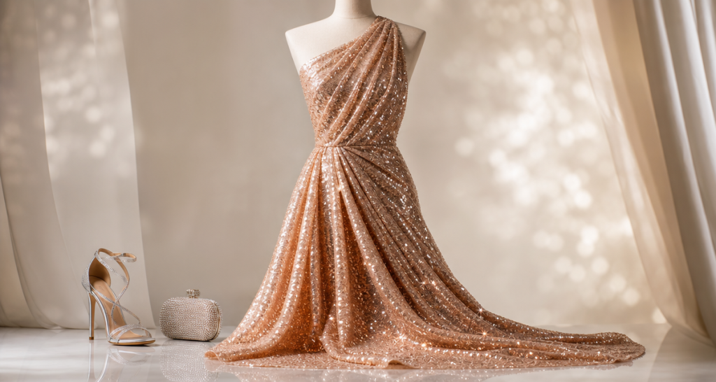 Rose-gold sequin evening gown on a dress form beside a silver crystal heeled sandal and clutch in a soft-lit studio with warm bokeh