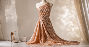 Rose-gold sequin evening gown on a dress form beside a silver crystal heeled sandal and clutch in a soft-lit studio with warm bokeh