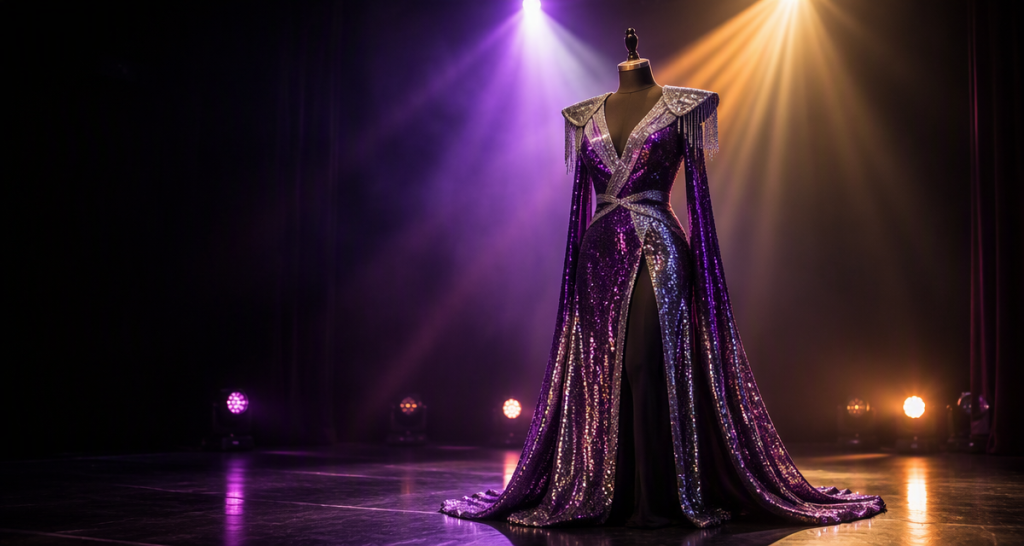 Sequin fabric for stage costumes sparkling under dramatic stage lighting with reflective sequins