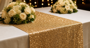Champagne-gold sequin table runner down the center of a white-linen wedding table with white rose centerpieces and warm string-light bokeh