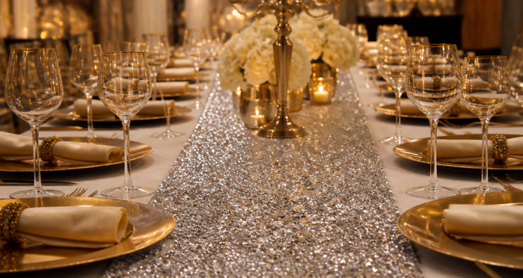 Long silver sequin table runner across a banquet table with gold charger plates and candelabra centerpieces