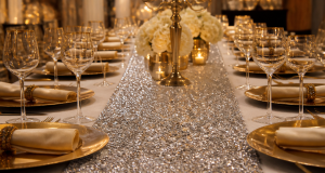 Long silver sequin table runner across a banquet table with gold charger plates and candelabra centerpieces