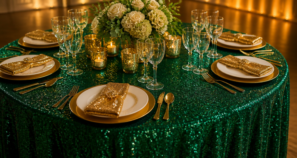 Round banquet table with a deep emerald sequin tablecloth, gold sequin napkins and a centerpiece under warm event lighting