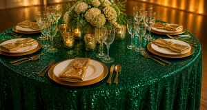 Round banquet table with a deep emerald sequin tablecloth, gold sequin napkins and a centerpiece under warm event lighting