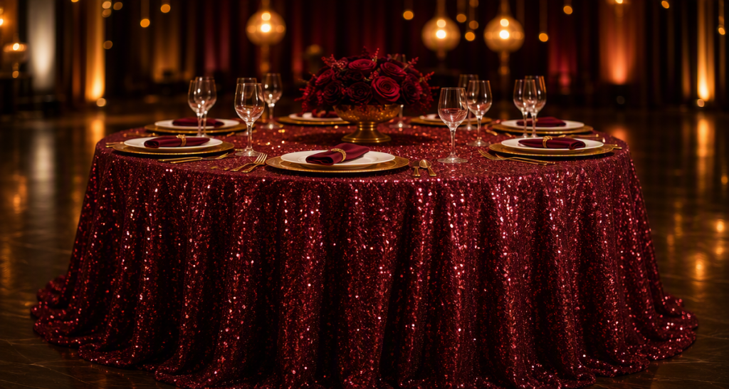 Round banquet table draped in deep burgundy sequin tablecloth with elegant gold place settings for events