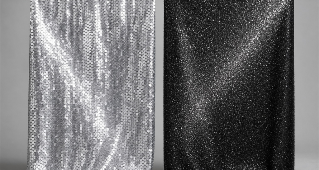 Side-by-side comparison of a silver sewn-sequin fabric panel and a black glitter fabric panel hanging from a wooden rod on a grey studio backdrop