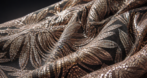High-fashion sequin embroidery with iridescent sequins shimmering under soft studio light