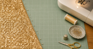 Gold sequin fabric pinned on a pale green cutting mat with sewing tools arranged for beginner sequin sewing tips