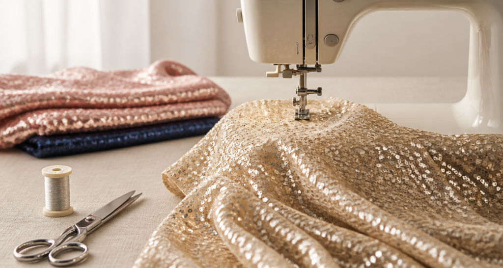 Close-up of champagne-gold sequin fabric beneath a sewing machine needle with silver scissors and a spool of thread on a bright work surface
