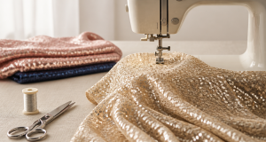 Close-up of champagne-gold sequin fabric beneath a sewing machine needle with silver scissors and a spool of thread on a bright work surface