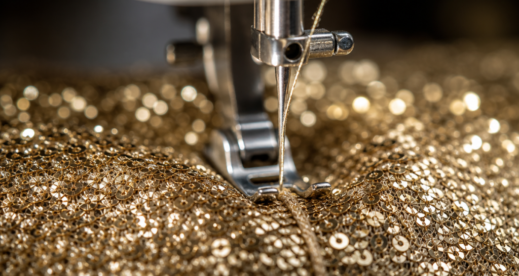 Macro view of a sewing machine needle stitching through dense gold sequin fabric without needle breakage