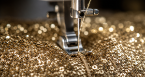 Macro view of a sewing machine needle stitching through dense gold sequin fabric without needle breakage