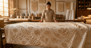 Artisan in a sunlit workshop behind cream fabric with intricate golden floral embroidery