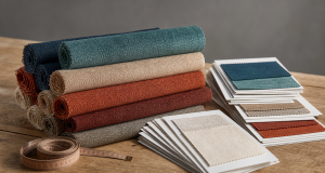 Small stacks of custom fabric sample rolls and swatch cards on a worktable for small-batch fabric sourcing planning