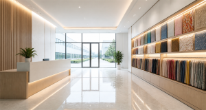Modern textile factory showroom with wall displays of fabric samples and swatches