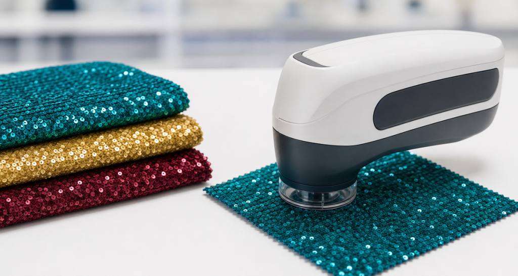A handheld two-tone white and dark-grey spectrophotometer device measuring a teal sequin fabric swatch on a white lab bench, folded teal, gold and burgundy sequin fabric samples stacked to the left, bright even laboratory light