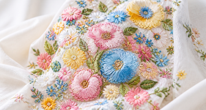Light bright maximalist floral embroidery fabric with abundant colorful blossoms