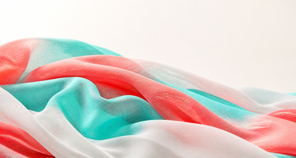 Lightweight resort and swimwear fabric in vibrant coral and turquoise tones with a fluid sheer drape