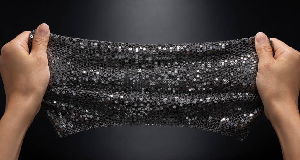 Two hands stretching a silver-black stretch sequin fabric swatch outward revealing the open mesh base structure under a soft spotlight on a dark studio background