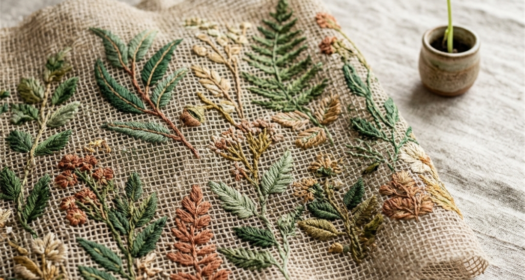 Eco-friendly botanical embroidery on natural mesh fabric with a green seedling in earthy tones