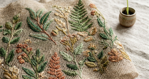 Eco-friendly botanical embroidery on natural mesh fabric with a green seedling in earthy tones